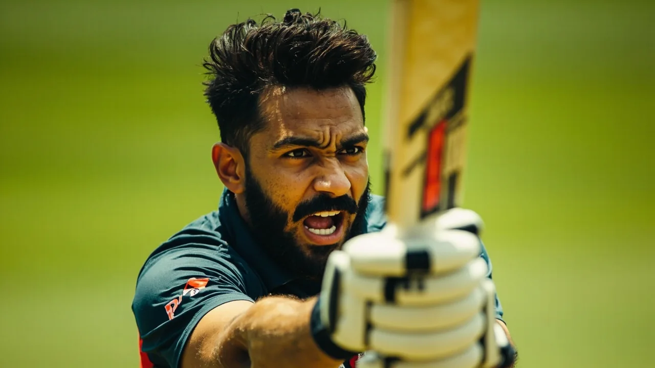 A lower-order batter shaping into a shot at the crease during a List A match, captured in tight sideline frame
