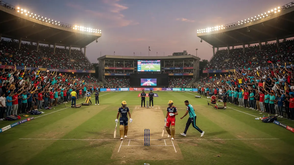 Wide afternoon view of a packed Mumbai cricket ground with the outfield lit and the stands rising behind the boundary