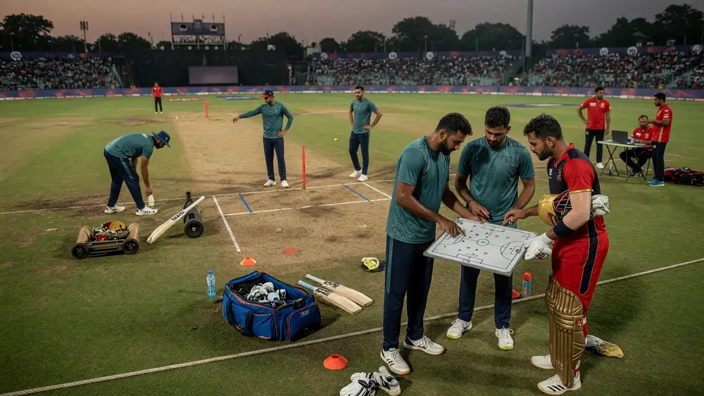 Fielders gathered in a tight ring on a sunlit outfield while a bowler walks back to his mark